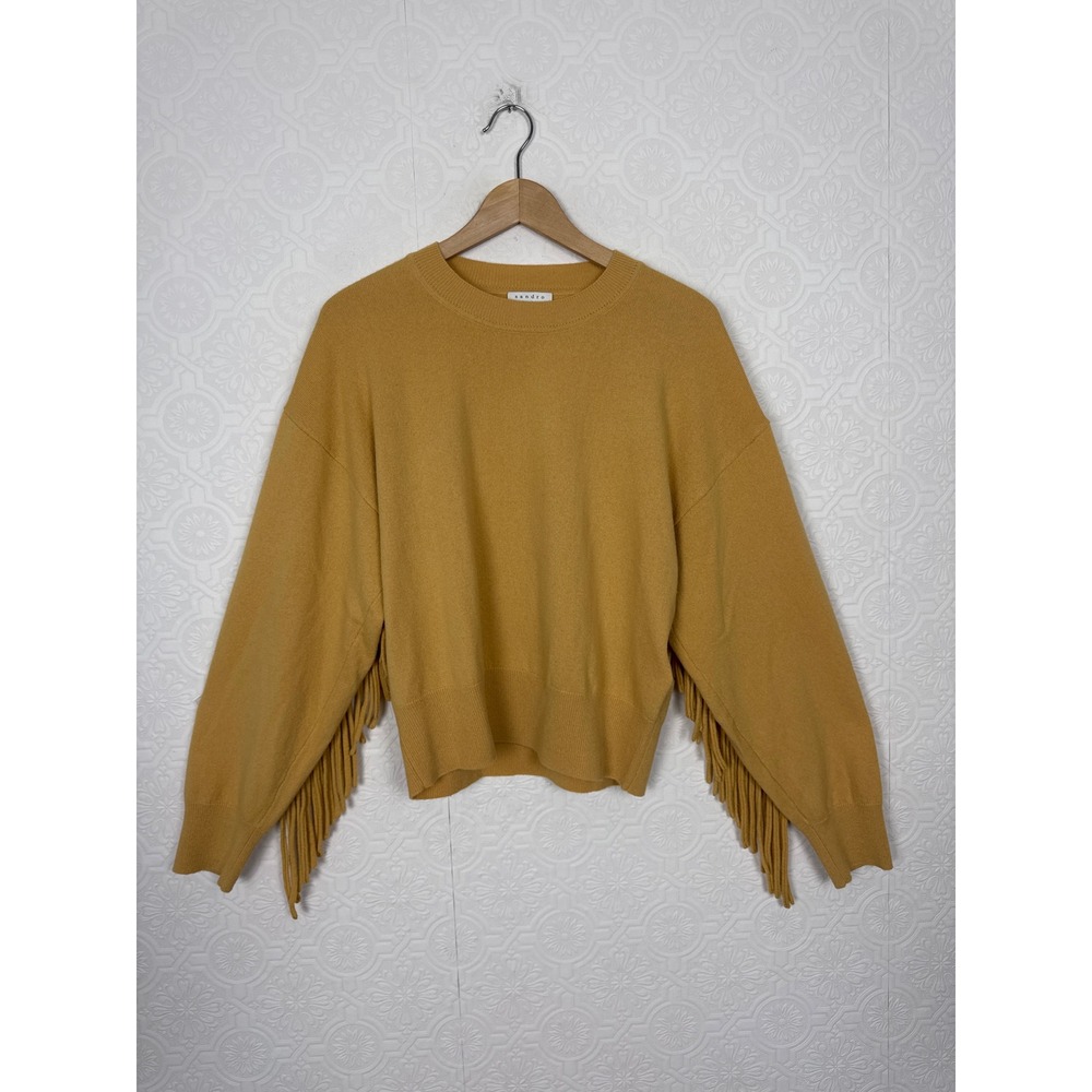 Sandro Paris Western Fringe Wool Cashmere Crewneck Sweater Curry Yellow Size 3 8